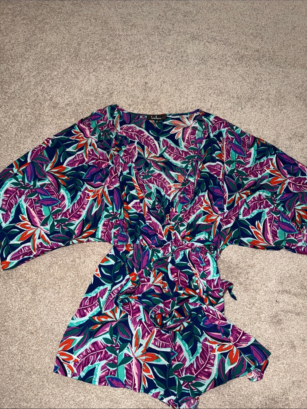 Lulu's Tropical Print Romper in Teal, Purple & Pink
